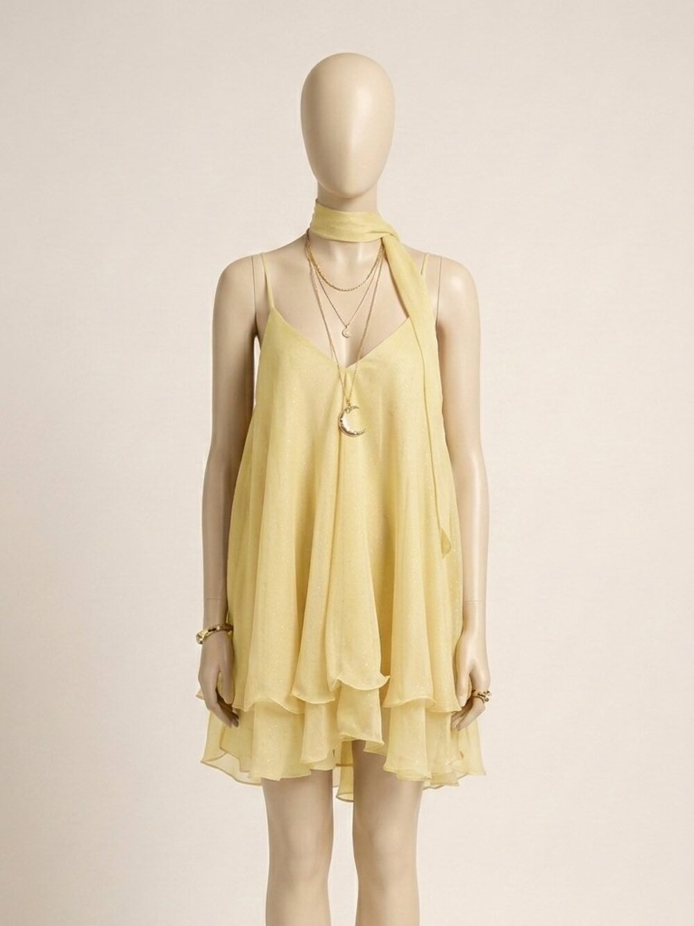 Cider Women's Yellow Glitter Halter Mini Dress S V Neck A Line Ruffle Hem